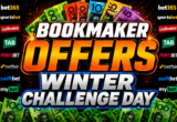 Promotional banner for Bookmaker Offers Winter Challenge Day with bold white 'BOOKMAKER' text and orange 'OFFERS' surrounded by colorful money graphics and betting logos.