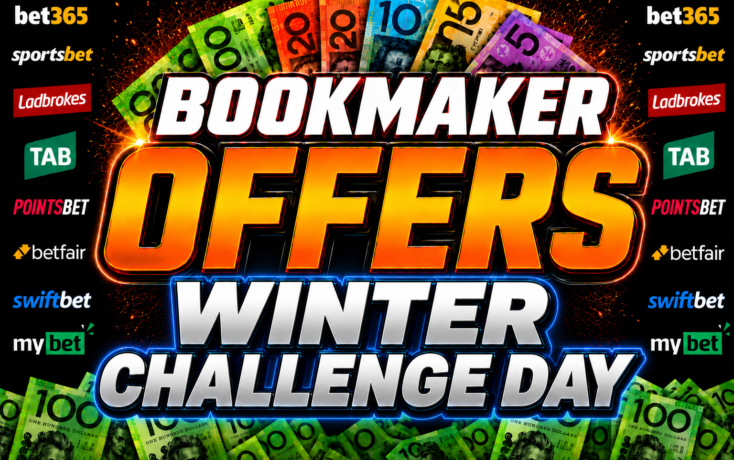 Promotional banner for Bookmaker Offers Winter Challenge Day with bold white 'BOOKMAKER' text and orange 'OFFERS' surrounded by colorful money graphics and betting logos.