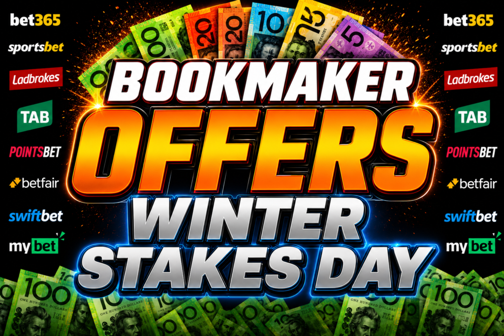 Promotional banner for Bookmaker Offers: Winter Stakes Day with bold 'BOOKMAKER OFFERS' text and money imagery.