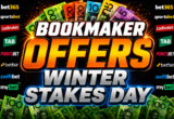 Promotional banner for Bookmaker Offers: Winter Stakes Day with bold 'BOOKMAKER OFFERS' text and money imagery.