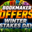 Promotional banner for Bookmaker Offers: Winter Stakes Day with bold 'BOOKMAKER OFFERS' text and money imagery.