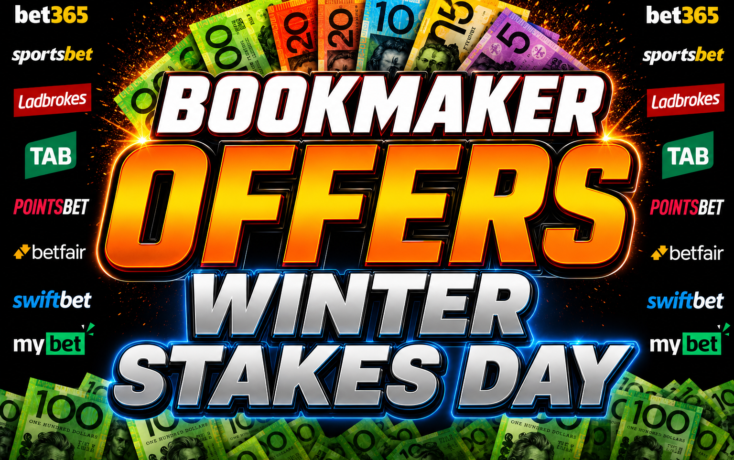 Promotional banner for Bookmaker Offers: Winter Stakes Day with bold 'BOOKMAKER OFFERS' text and money imagery.