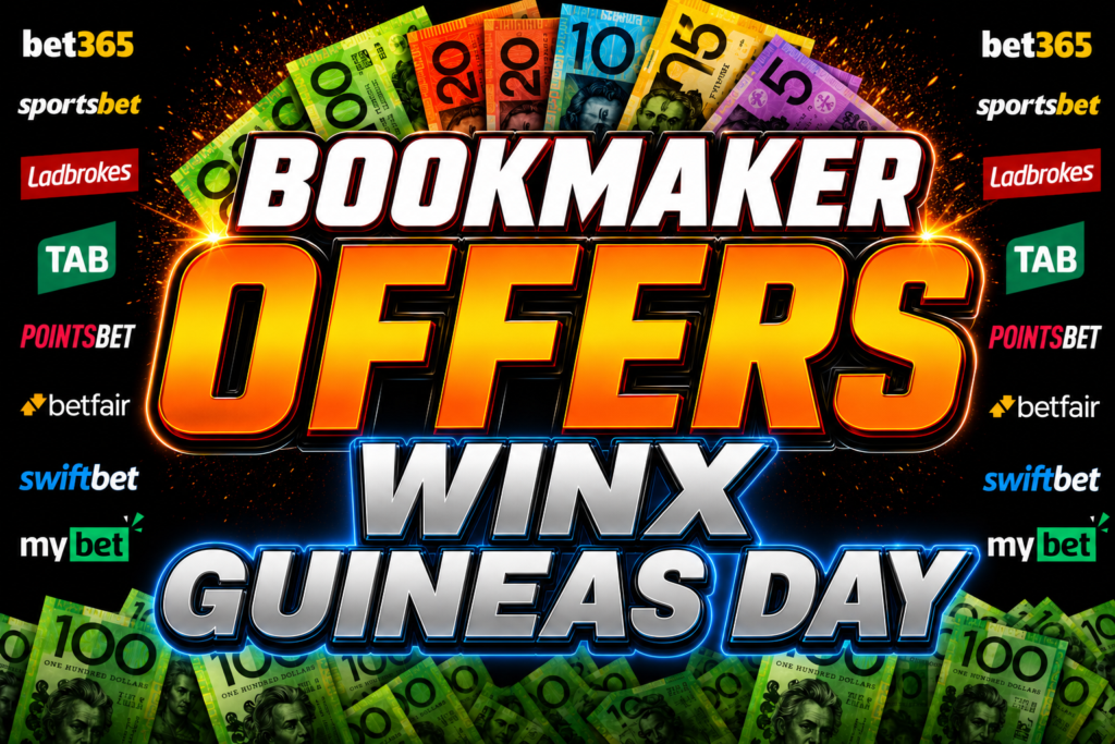 Promotional banner advertising bookmaker offers for Guineas Day with bold 'BOOKMAKER OFFERS' text and sponsor logos around the edges.