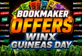 Promotional banner advertising bookmaker offers for Guineas Day with bold 'BOOKMAKER OFFERS' text and sponsor logos around the edges.