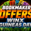 Promotional banner advertising bookmaker offers for Guineas Day with bold 'BOOKMAKER OFFERS' text and sponsor logos around the edges.
