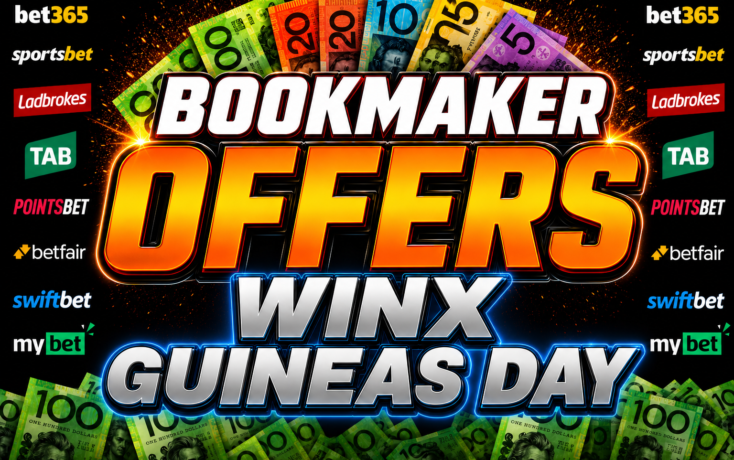 Promotional banner advertising bookmaker offers for Guineas Day with bold 'BOOKMAKER OFFERS' text and sponsor logos around the edges.