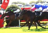 Horse race finish: jockeys and their mounts sprinting toward the post along a red rail track on green grass.