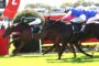 Horse race finish: jockeys and their mounts sprinting toward the post along a red rail track on green grass.