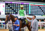 Jockey in bright green vest wearing a helmet on a brown horse being guided by handlers near a crowded railing with a large scoreboard in the background