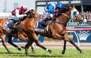 Dear Demi winning the V.R.C. Crown Oaks at Flemington - photo by Race Horse Photos Australia (Steven Dowden)